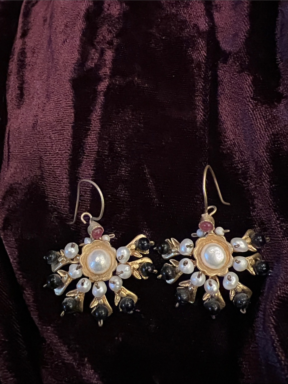 Turkish pierced earrings with gold, pearls and semiprecious stones